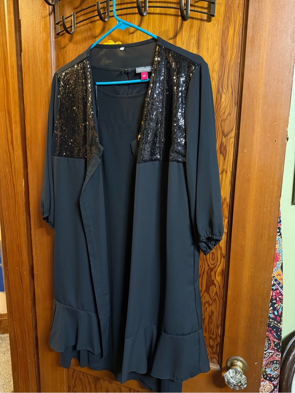 Black Sequin Accent Open Front Duster